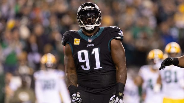 Philadelphia Eagles defensive tackle Fletcher Cox (91) reacts after sacking Green Bay Packers quarterback Aaron Rodgers (not pictured) during the second quarter at Lincoln Financial Field.